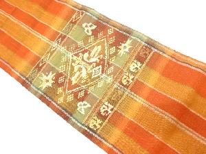 手織り紬　菱に向かい鳥・花更紗模様織り出し　名古屋帯